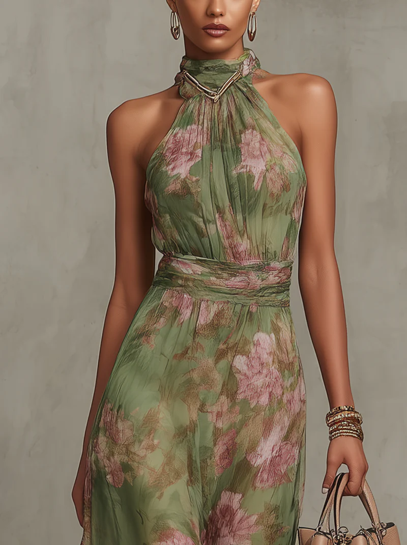 LIVIA | VESTIDO MAXI HALTER CON ESTAMPADO FLORAL ELEGANTE