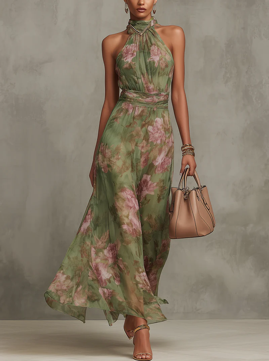 LIVIA | VESTIDO MAXI HALTER CON ESTAMPADO FLORAL ELEGANTE