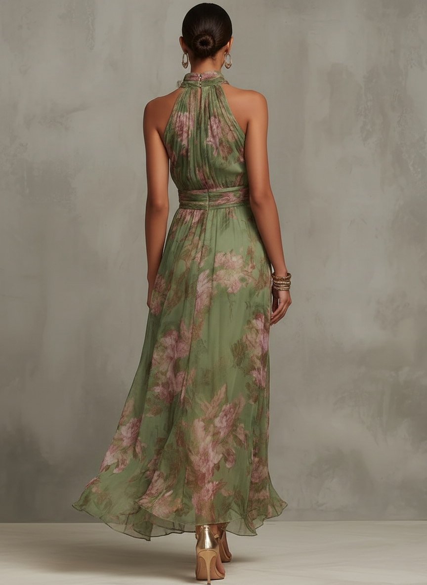 LIVIA | VESTIDO MAXI HALTER CON ESTAMPADO FLORAL ELEGANTE